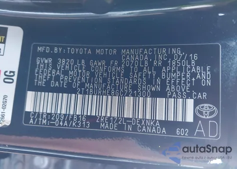 2016 Toyota Corolla Le из США, поврежденный, VIN 2T1BURHE8GC721300